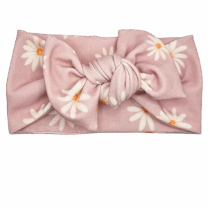 Opaska szeroka z kokardą brudny róż w stokrotki