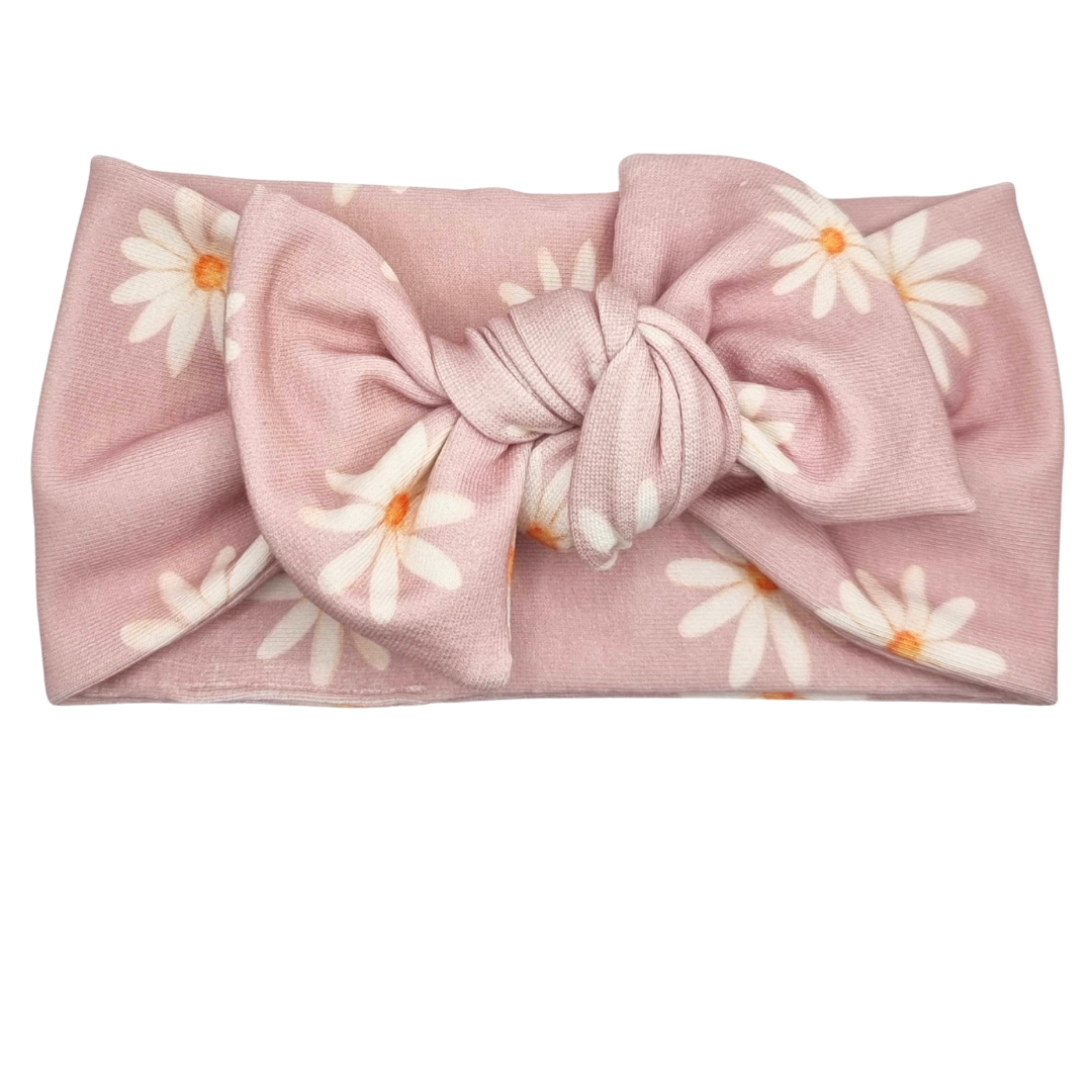 Opaska szeroka z kokardą brudny róż w stokrotki