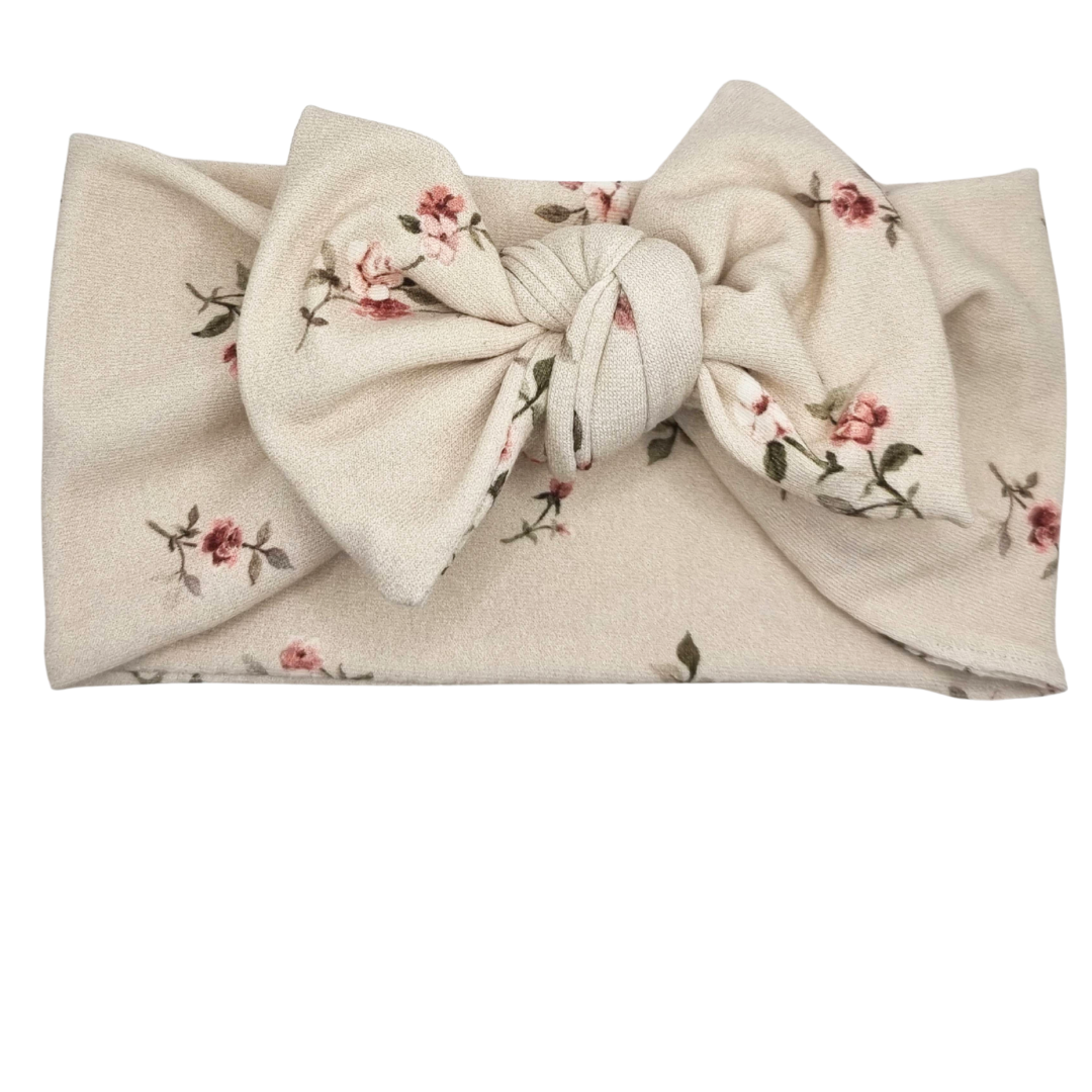 Opaska szeroka z kokardą beżowa w drobne kwiatuszki