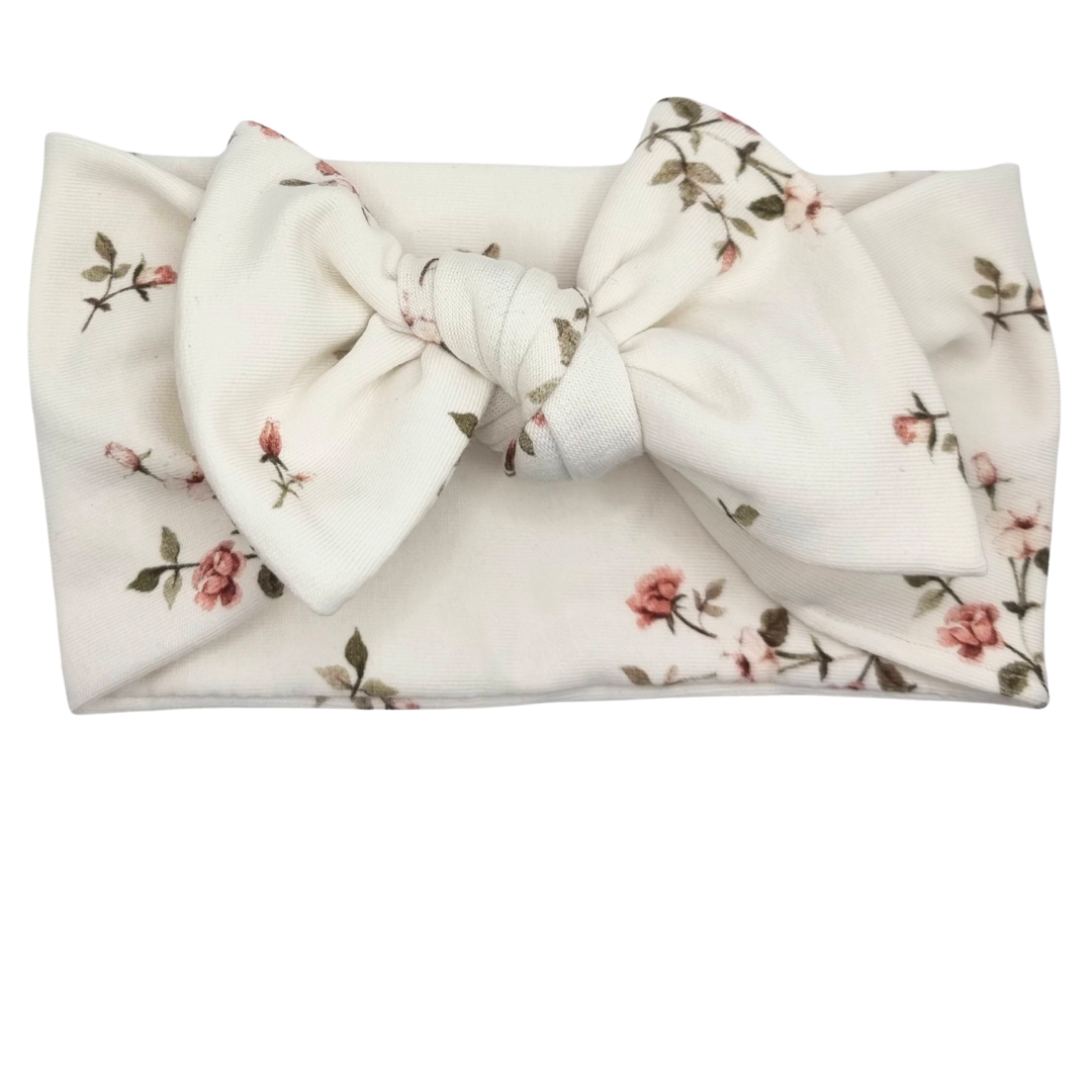 Opaska szeroka z kokardą śmietankowa w drobne kwiatuszki