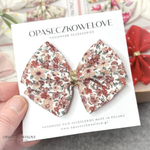 Kokardka Lili - biała w brązowe kwiatuszki - opaska / spinka