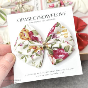 Kokardka Lili - biała w kolorowe kwiaty - opaska / spinka