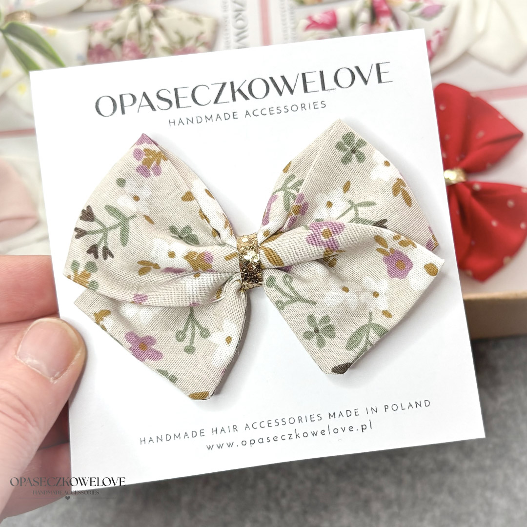 Kokardka Lili - chłodny beż w kolorowe kwiatki - opaska / spinka