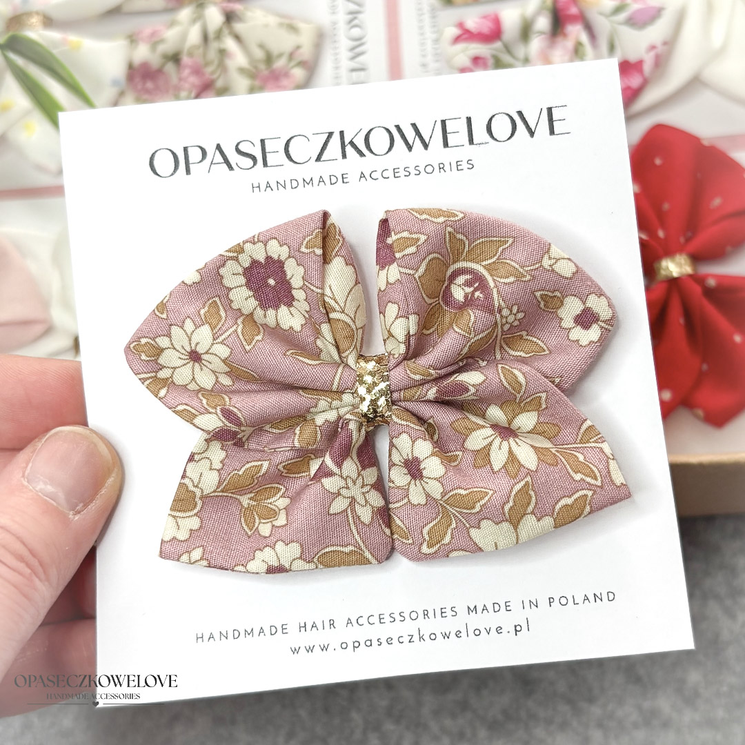 Kokardka Ali - brudny róż w kolorowe kwiatuszki - opaska / spinka