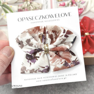 Kokardka Ali - biała w kwiatki brąz - opaska / spinka