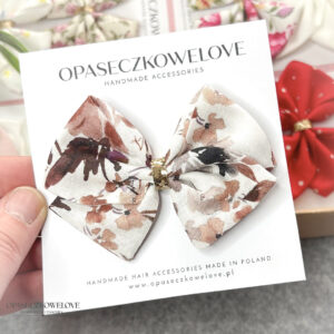 Kokardka Lili - biała w kwiatki brąz - opaska / spinka