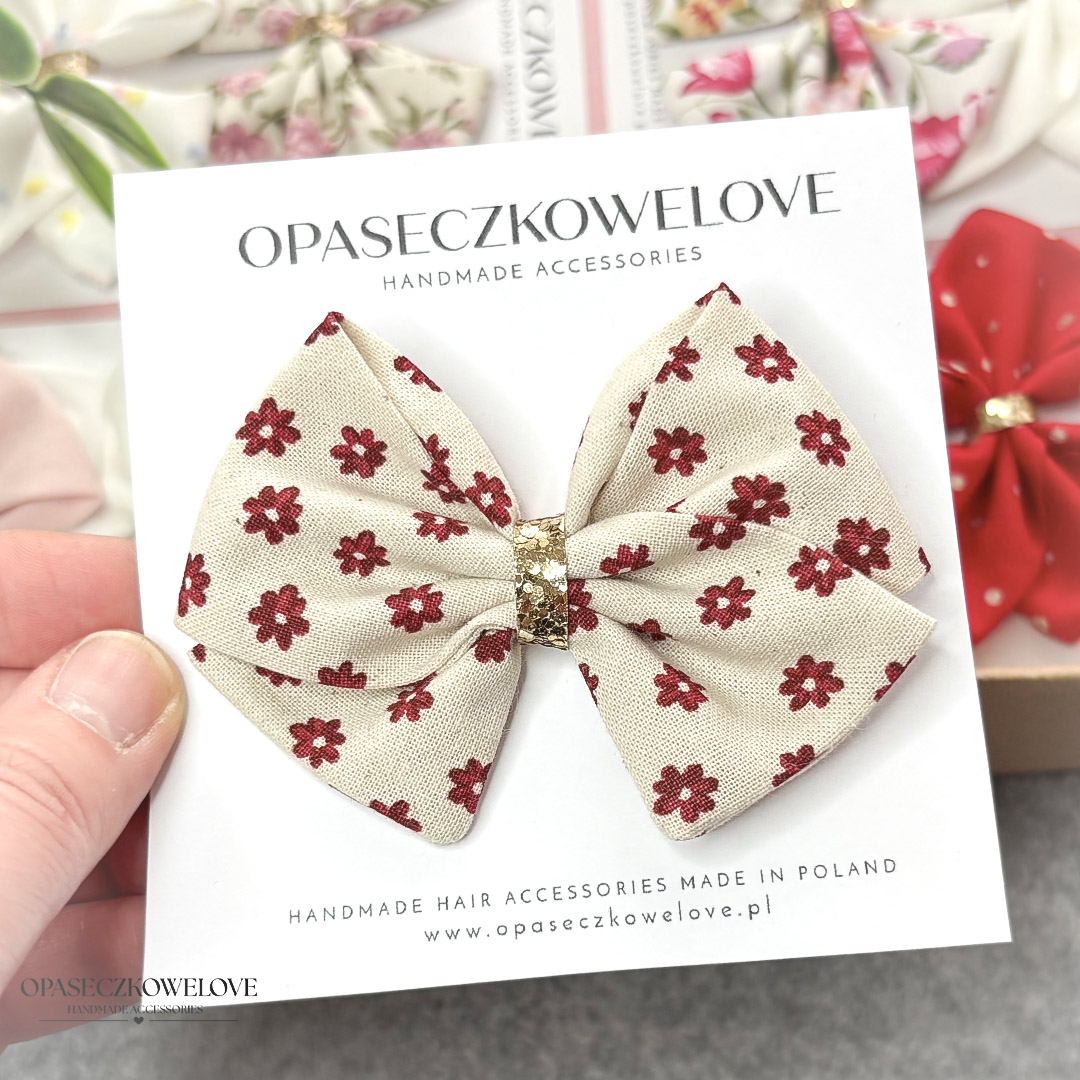 Kokardka Lili - beżowa w bordowe kwiatuszki - opaska / spinka