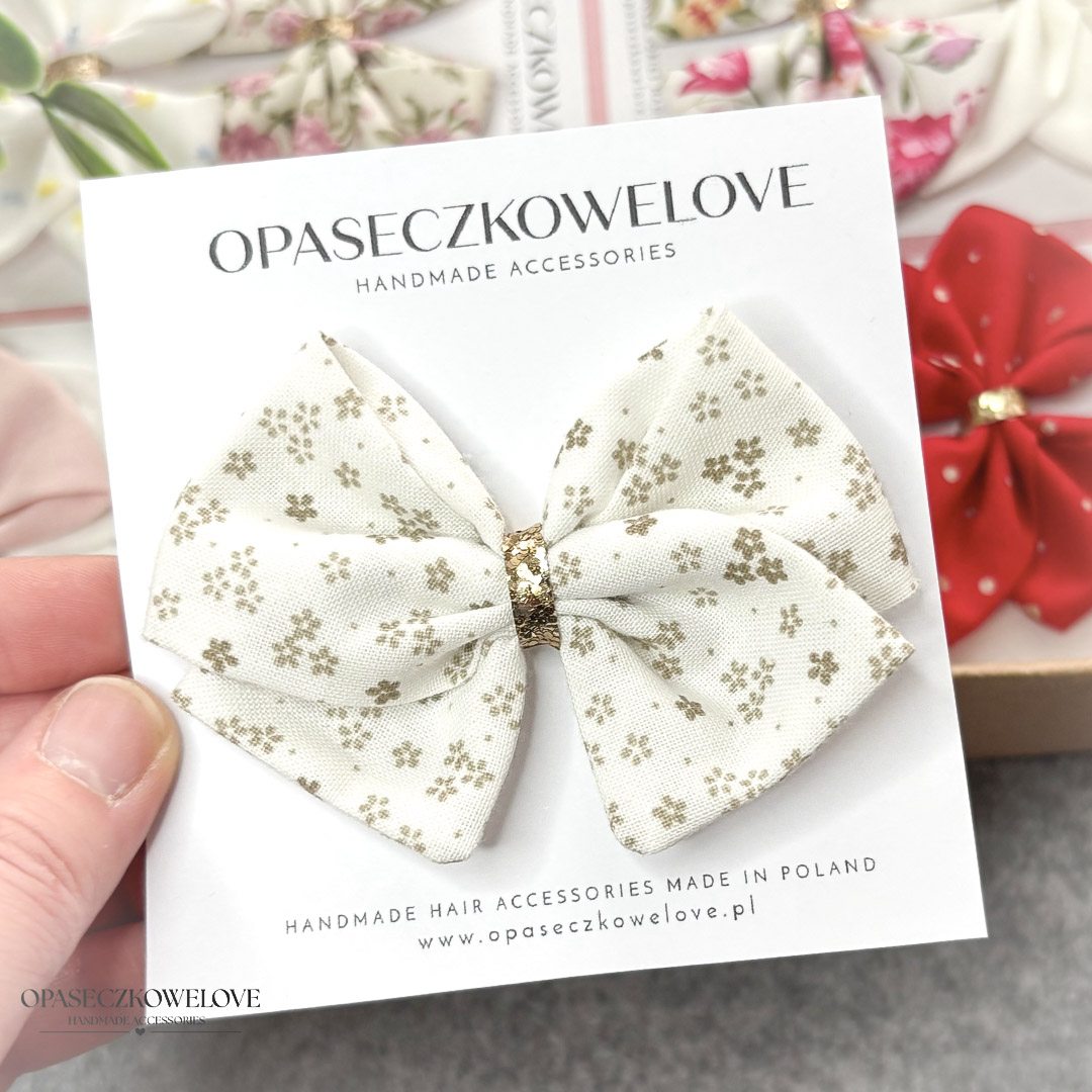 Kokardka Lili - śmietankowa w beżowe kwiatuszki - opaska / spinka