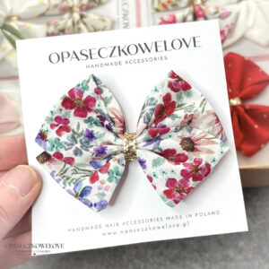 Kokardka Lili - biała w kolorowe kwiatuszki - opaska / spinka