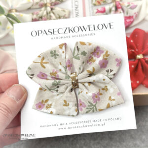 Kokardka Ali - chłodny beż w kolorowe kwiatki - opaska / spinka