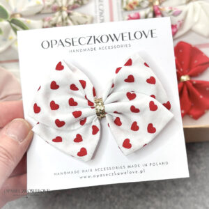 Kokardka Lili - biała w czerwone serduszka - opaska / spinka
