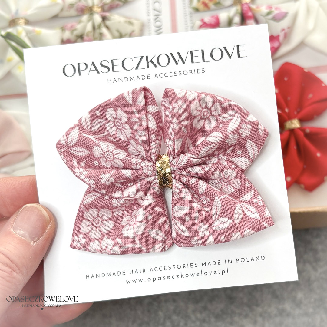 Kokardka Ali - brudny róż w kwiatuszki - opaska / spinka