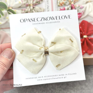 Kokardka Lili - śmietankowa w złote prostokąty - opaska / spinka