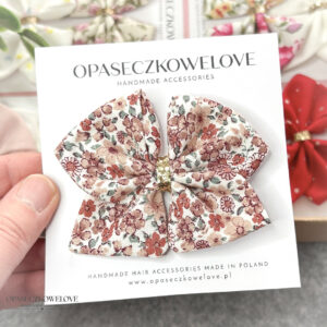 Kokardka Ali - biała w brązowe kwiatuszki - opaska / spinka