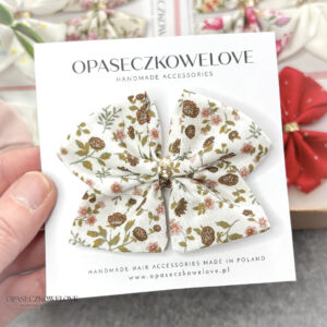 Kokardka Ali - biała w kwiatuszki brązowe - opaska / spinka