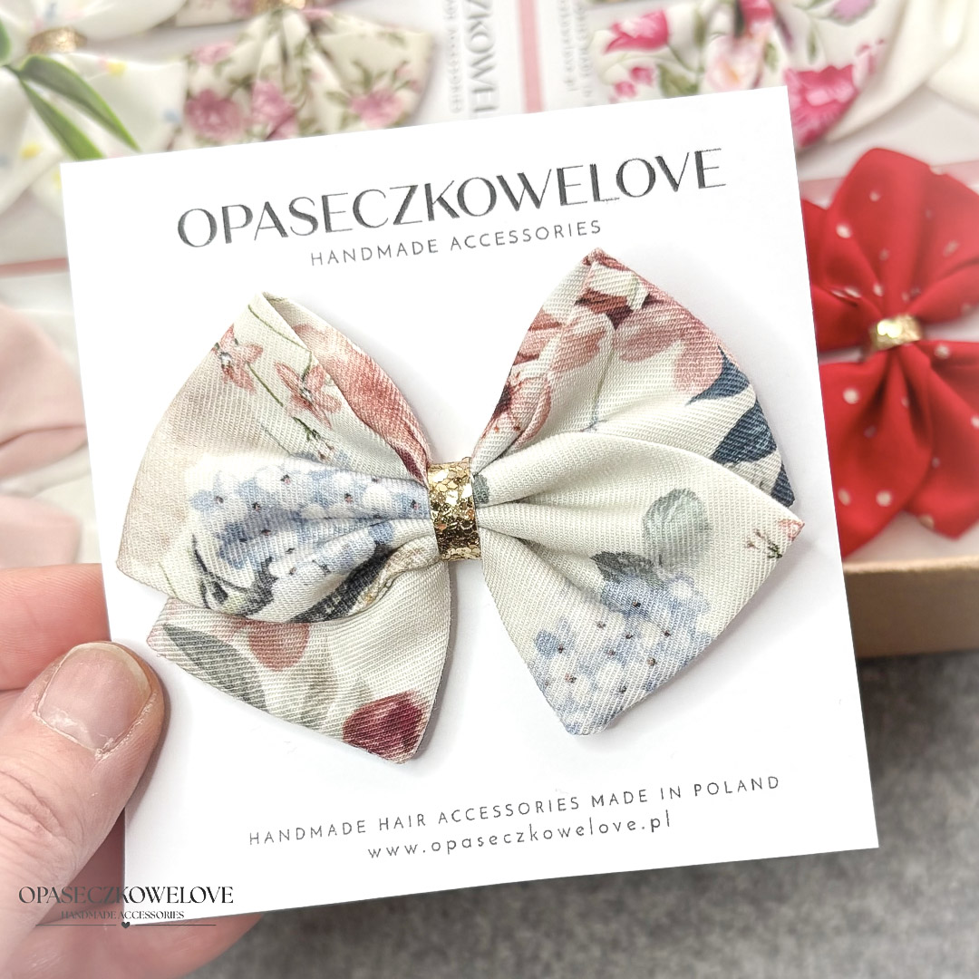 Kokardka Lili - chłodny jasny beż w kwiaty - opaska / spinka