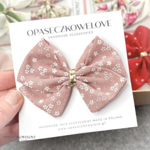 Kokardka Lili - brudny róż w białe kwiatuszki - opaska / spinka