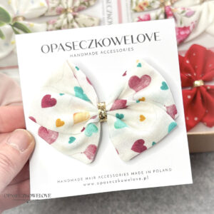 Kokardka Lili - biała w kolorowe serduszka - opaska / spinka