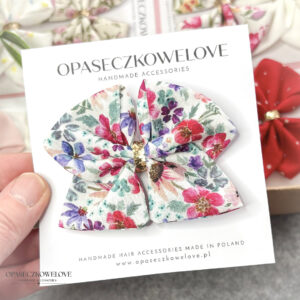 Kokardka Ali - biała w kolorowe kwiatuszki - opaska / spinka