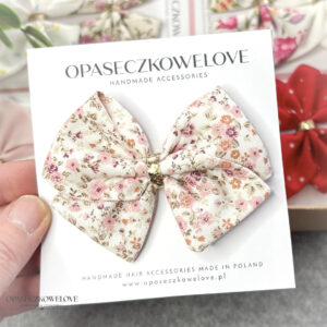 Kokardka Lili - śmietankowa w różowe kwiatuszki - opaska / spinka