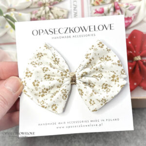 Kokardka Lili - biała w beżowe kwiatuszki - opaska / spinka