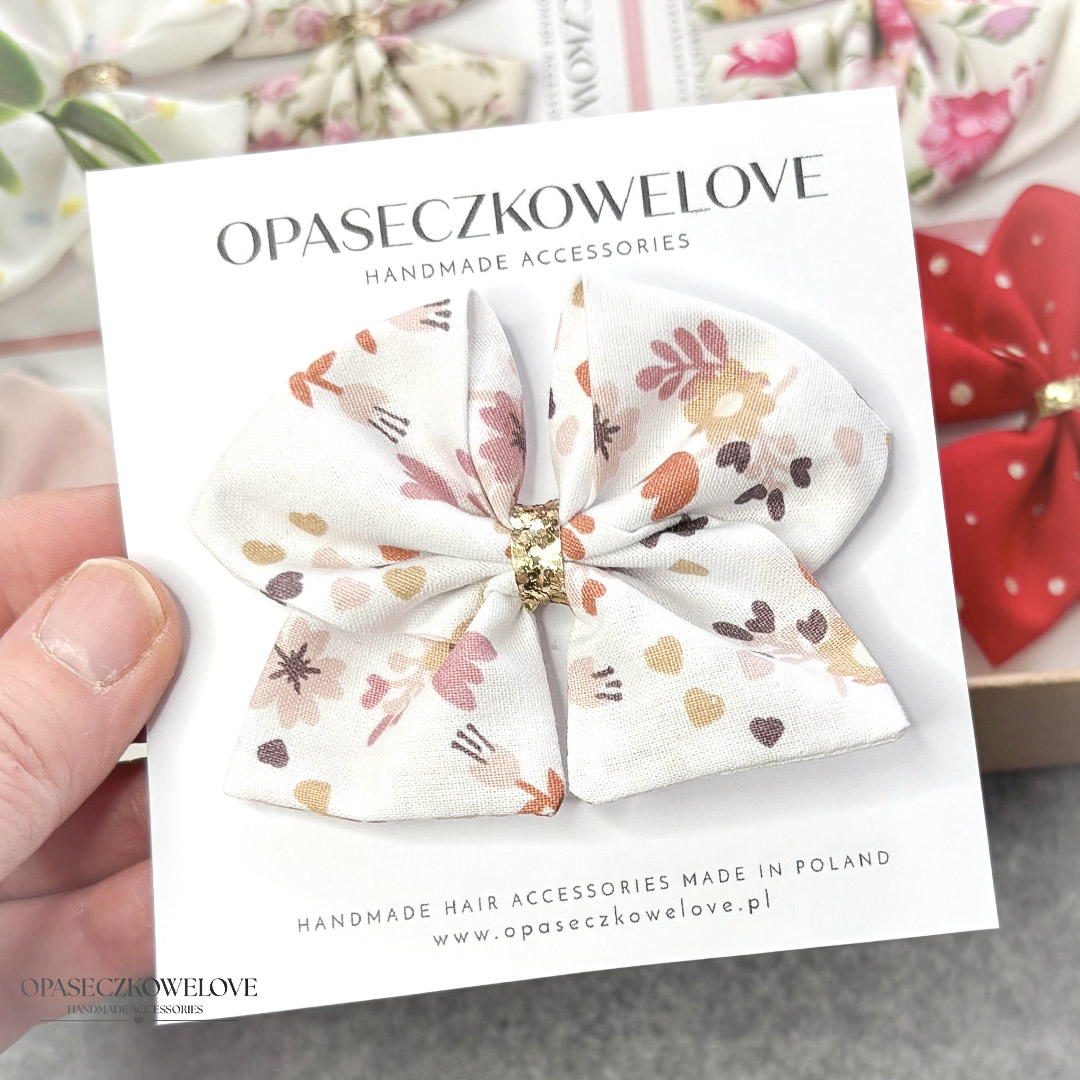 Kokardka Ali - biała w małe kwiatuszki - opaska / spinka