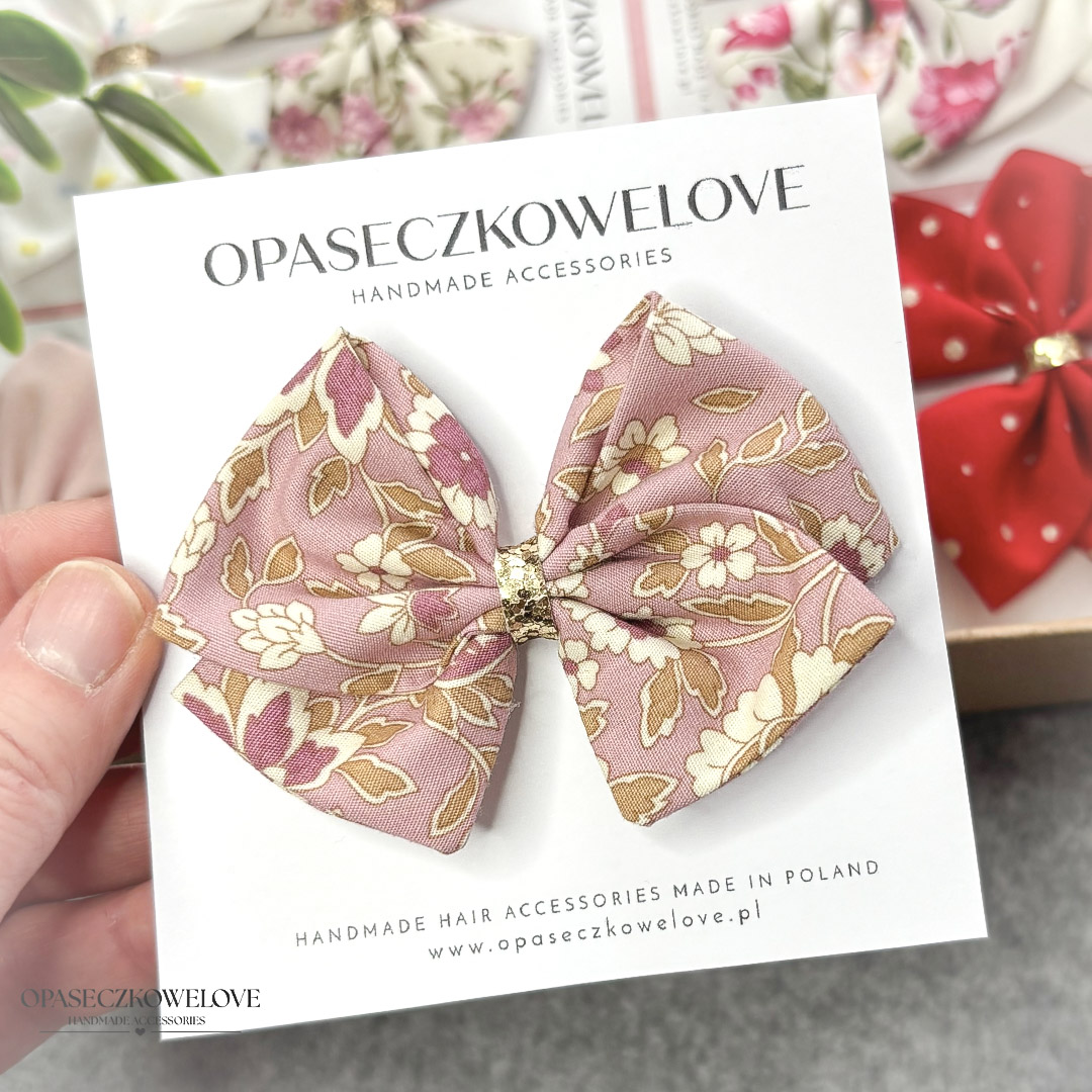 Kokardka Lili - brudny róż w kolorowe kwiatuszki - opaska / spinka