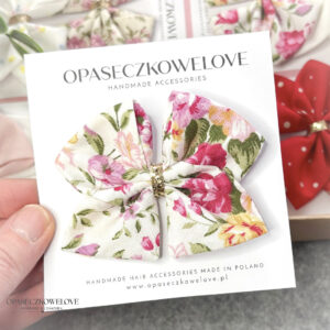 Kokardka Ali - biała w kolorowe kwiaty - opaska / spinka