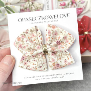 Kokardka Ali - śmietankowa w różowe kwiatuszki - opaska / spinka
