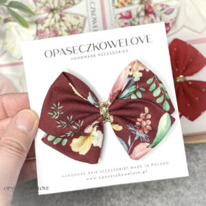 Kokardka Lili - bordowa w kolorowe kwiaty - opaska / spinka