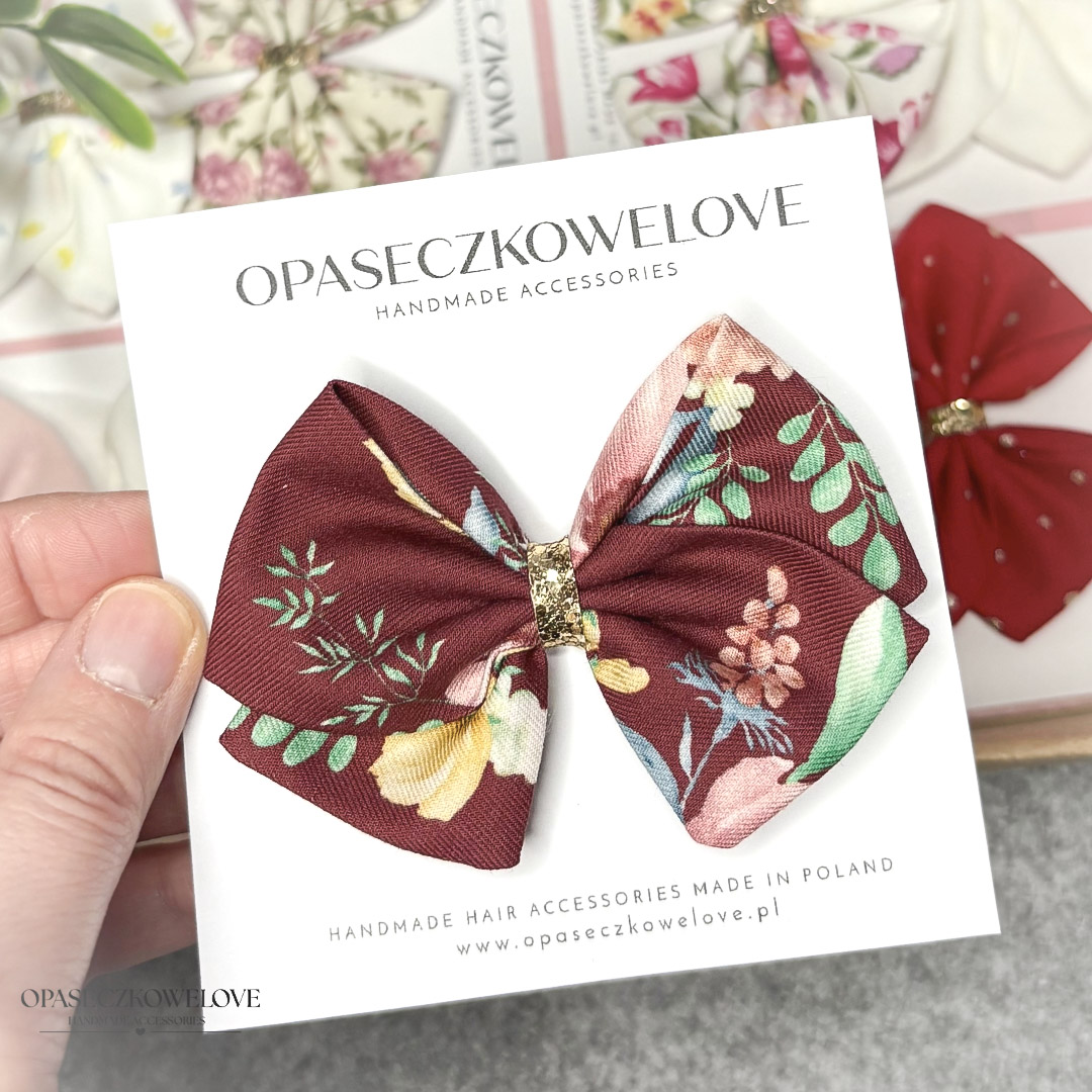 Kokardka Lili - bordowa w kolorowe kwiaty - opaska / spinka