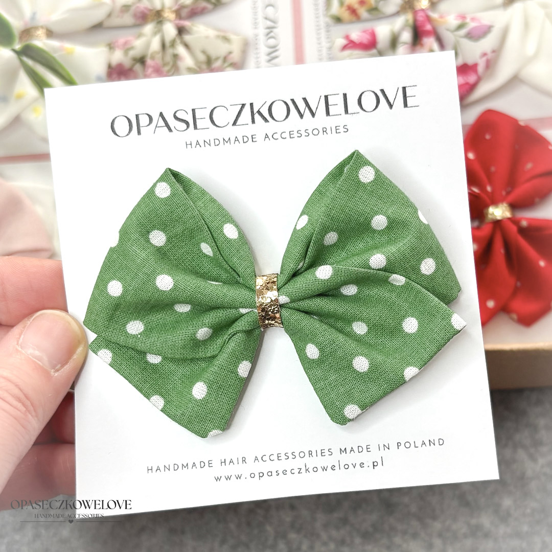 Kokardka Lili - zielona w białe groszki - opaska / spinka
