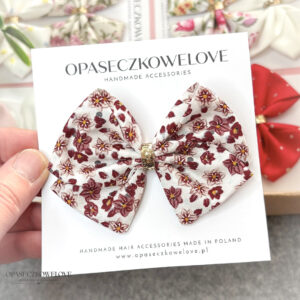 Kokardka Lili - biała w bordowe kwiatuszki - opaska / spinka