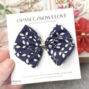 Kokardka Lili - granatowa w białe gałązki - opaska / spinka