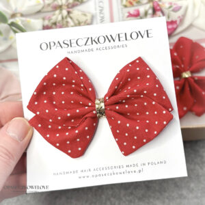 Kokardka Lili - czerwona w malutkie białe groszki - opaska / spinka
