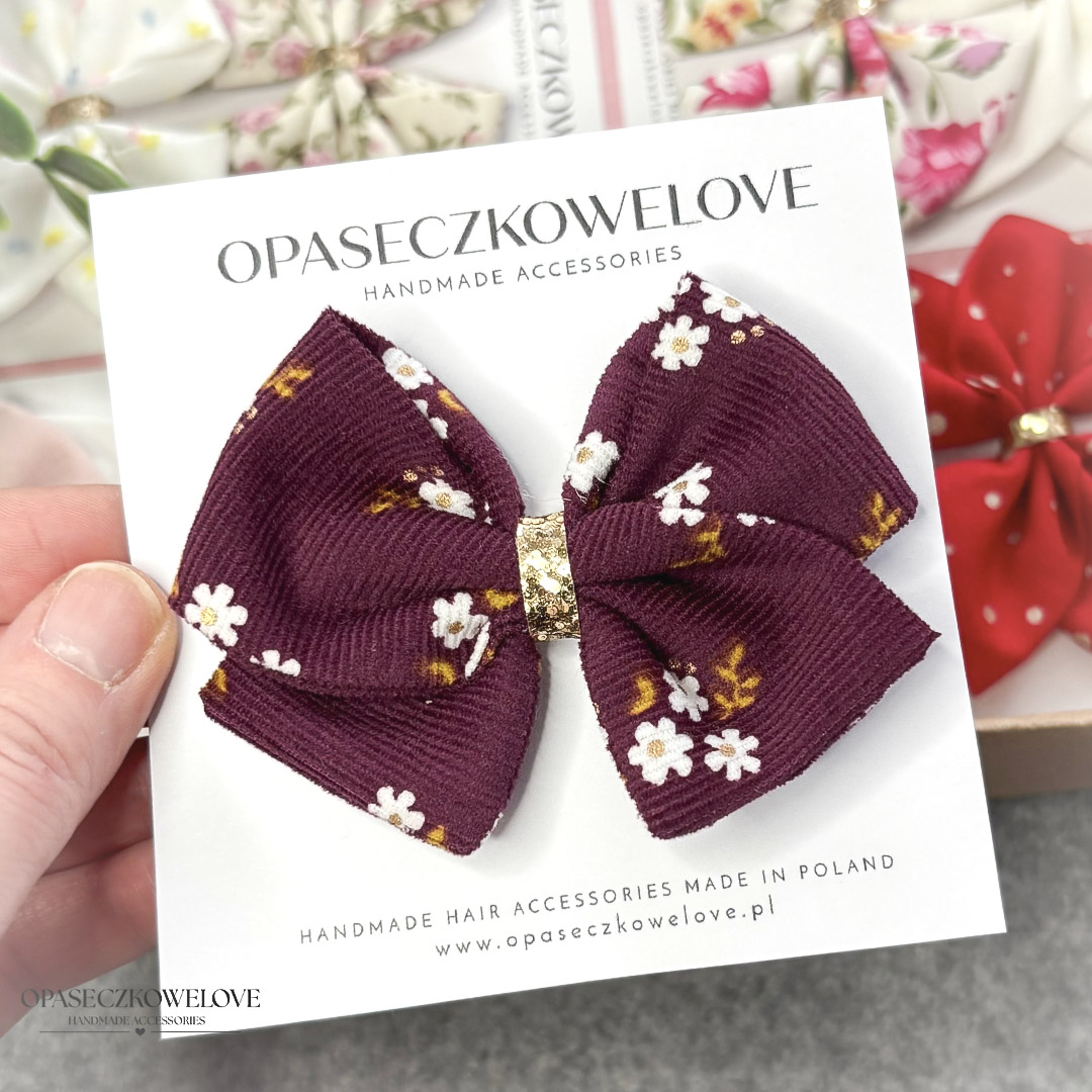 Kokardka Lili - burgund w białe kwiatuszki - opaska / spinka