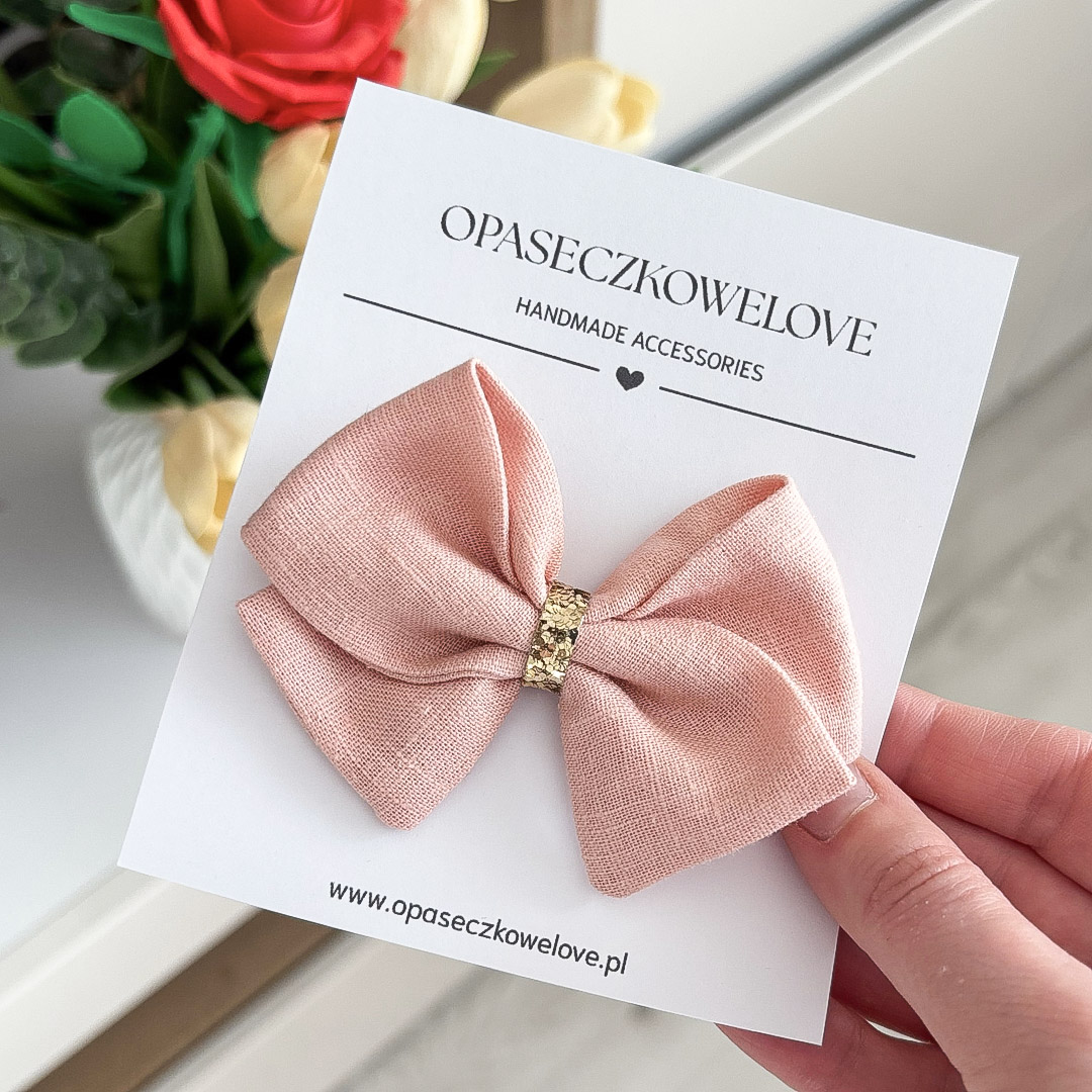 Kokardka brzoskwinia - model Lili - opaska / spinka - len