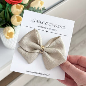 Kokardka chłodny beż - model Lili - opaska / spinka  - len