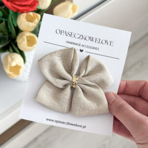 Kokardka chłodny beż - model Ali - opaska / spinka  - len