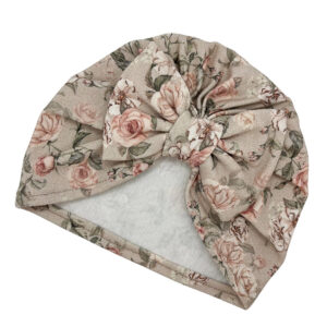 Czapka turban - kokarda - brudny róż w różyczki
