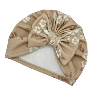 Czapka turban - kokarda - karmelowa w kwiatuszki
