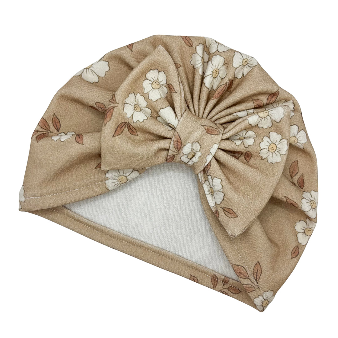 Czapka turban - kokarda - karmelowa w kwiatuszki
