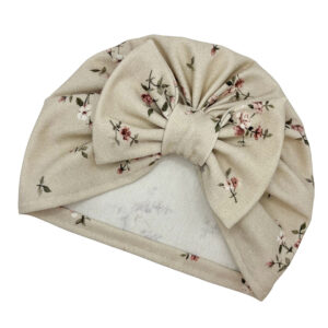 Czapka turban - kokarda - beżowa w drobne kwiatuszki