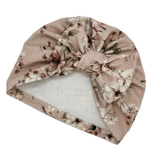 Czapka turban - kokarda - brudny róż w kwiaty