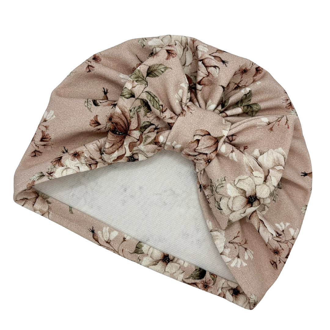 Czapka turban - kokarda - brudny róż w kwiaty