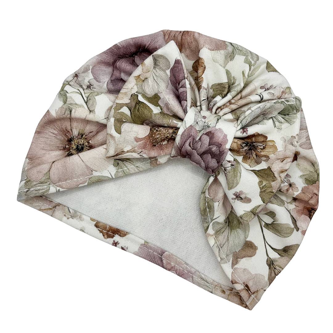 Czapka turban - kokarda - śmietankowa w kwiatuszki