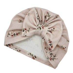 Czapka turban - kokarda - jasny róż w drobne kwiatuszki
