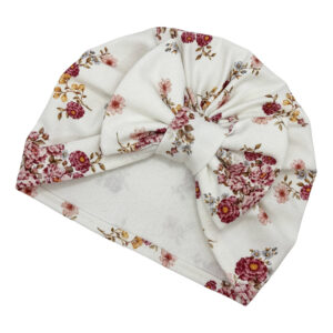 Czapka turban - kokarda - śmietankowa w kwiatuszki