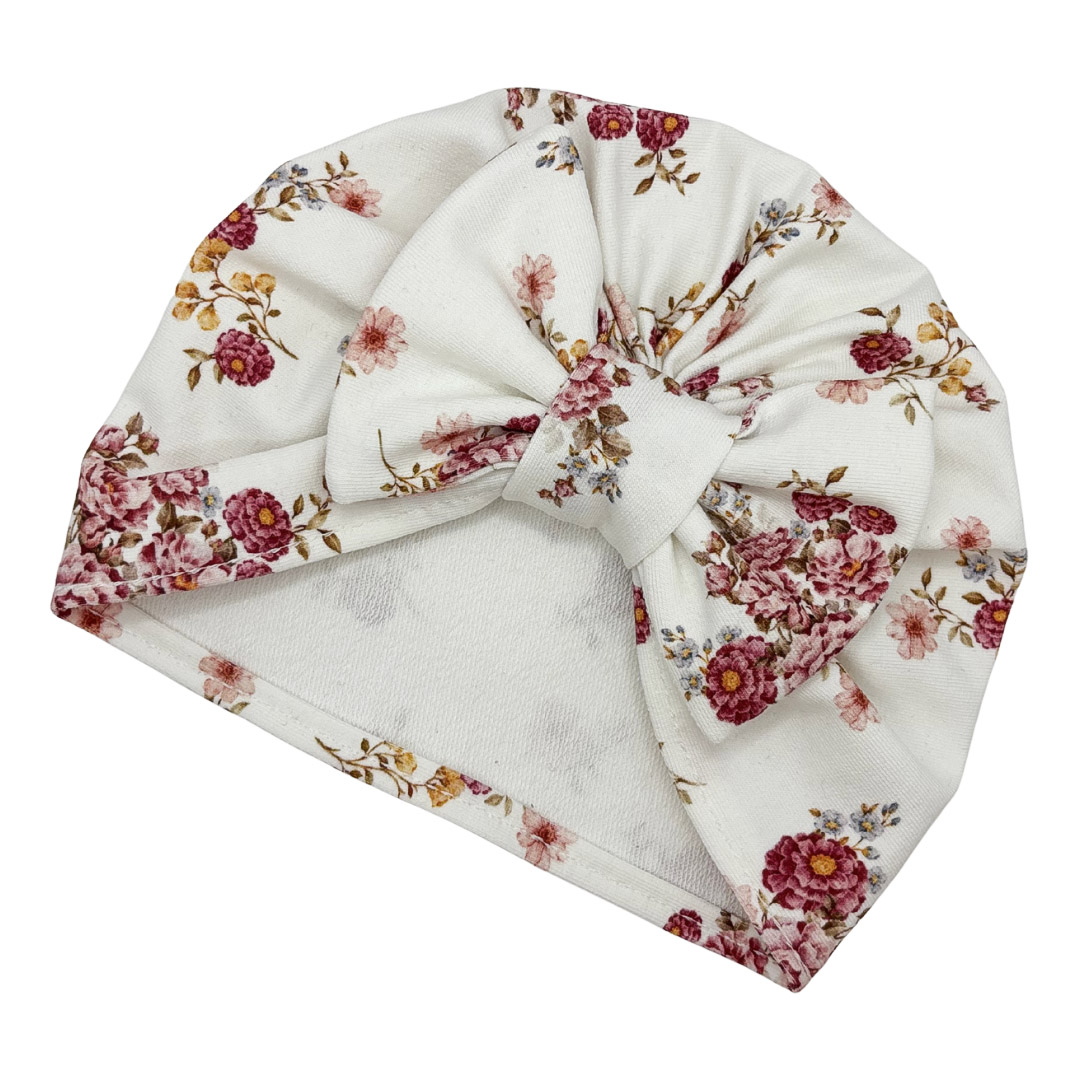 Czapka turban - kokarda - śmietankowa w kwiatuszki