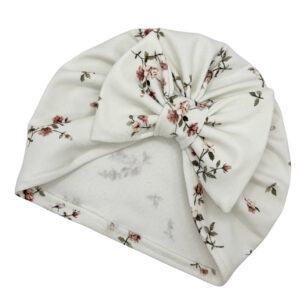 Czapka turban - kokarda - ecru w drobne kwiatuszki